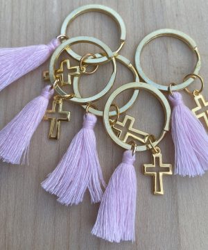 Μαρτυρικά βάπτισης με χρυσό σταυρουδάκι και ρόζ φουντάκι (50 τμχ)