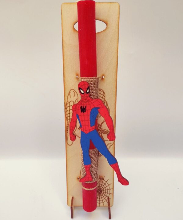 Λαμπάδα με μαγνητάκι Spiderman και ξύλινη πλάτη με τη φιγούρα του Spiderman και ιστό