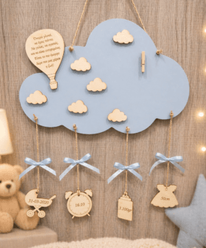 Σύννεφο κρεμαστό , με ευχή στο αερόστατο, συννεφάκια, στοιχεία γέννησης και ξύλινο μανταλάκι για να κρεμαστεί φωτογραφία