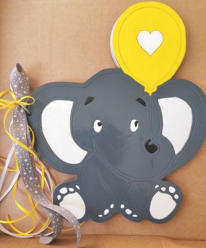 Ξύλινο ευχολόγιο ελεφαντάκι βαμμένο γκρί και κίτρινο μπαλόνι