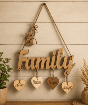 Ξύλινο διακοσμητικό κρεμαστό "family" με καρδούλες , σπιτάκι , κλειδί και κορδόνι λινάτσα