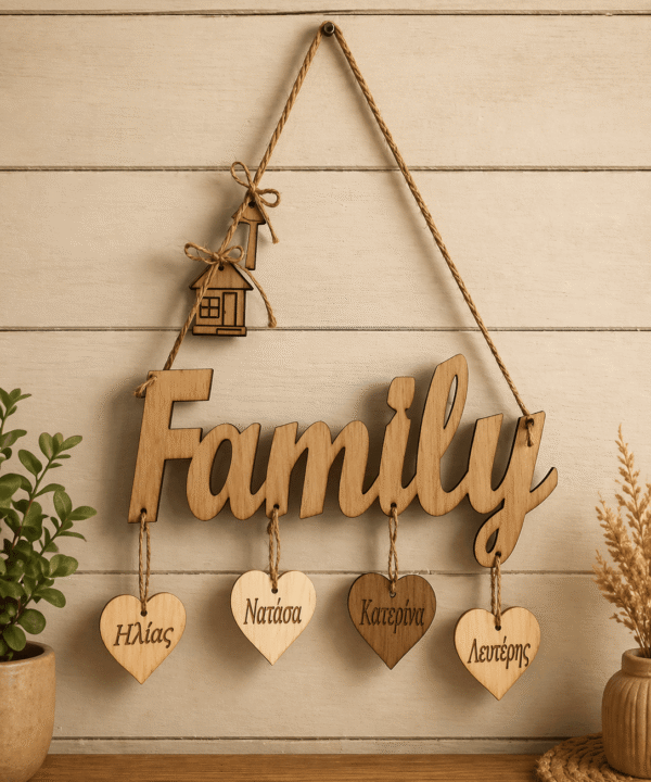 Ξύλινο διακοσμητικό κρεμαστό "family" με καρδούλες , σπιτάκι , κλειδί και κορδόνι λινάτσα