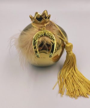 Κεραμικό ρόδι χρυσό, με χρυσή φούντα , φτερό και πέταλο " Καλή τύχη"