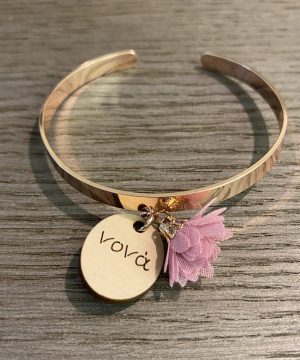 Βραχιόλι νονά – ροζ χρυσό , ροζ φουντάκι ,με ξύλινο στοιχείο