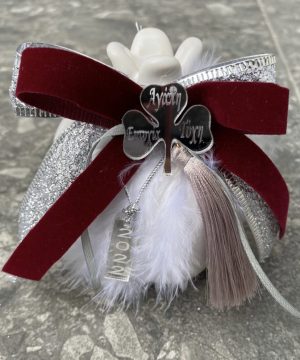 Ρόδι  κεραμικό με ασημί κ Μπορντό κορδέλες, φτερό, φούντα και ασημί πλεξιγκλάς στοιχεία